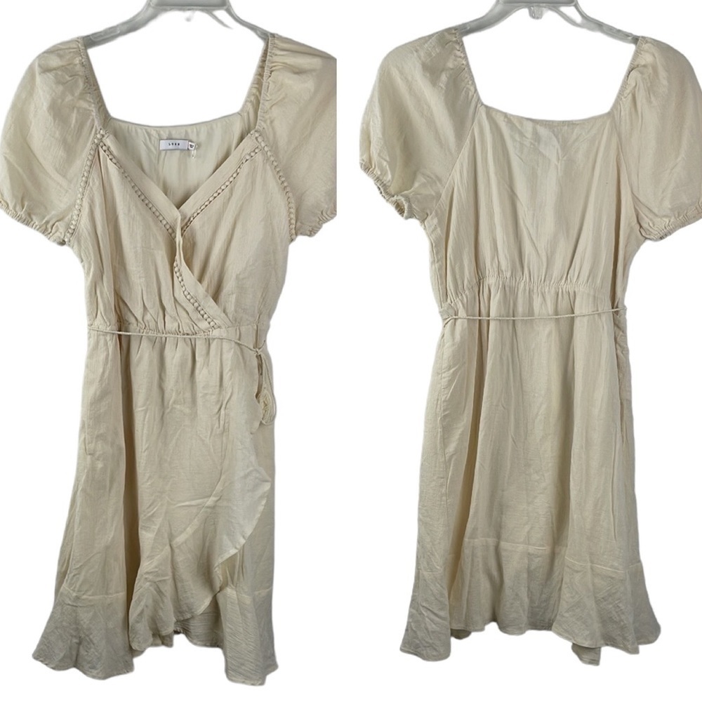 LUSH beige Lined Dress Sz LG Ruffled Hem Cross Over W/ Snap Puff Ballon Sleeves